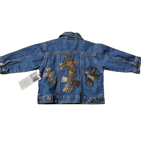 Custom Denim Blue Jean Jacket With Ironed/Stitched Crosses - Picture 4 of 5